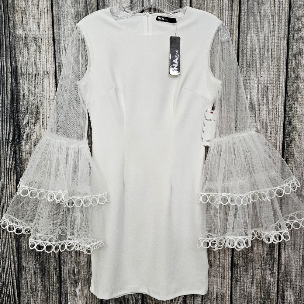 INA White Knit Nwt Mini Sheath Dress with Mesh Tiered Bell Sleeves - Picture 6 of 17